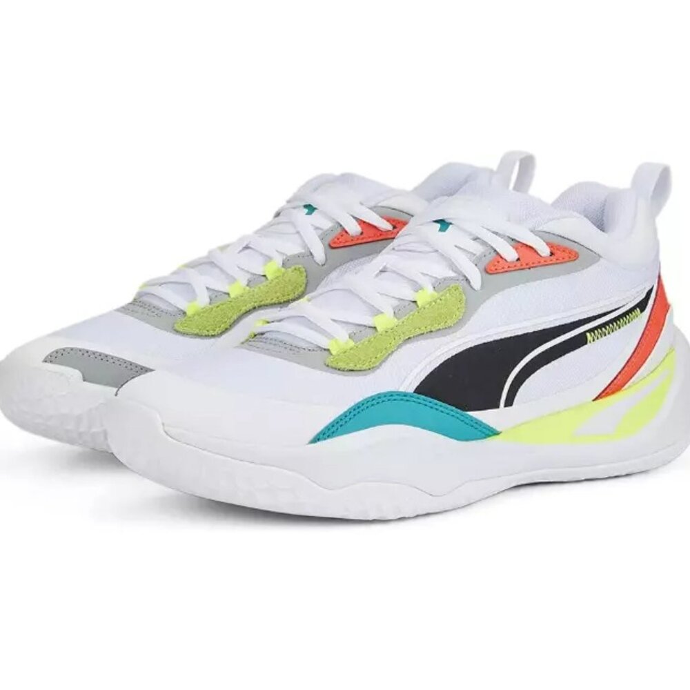 PUMA Playmaker Pro Shoes Men's Size 12 Reflective Hi-Viz White Fiery Coral EUC